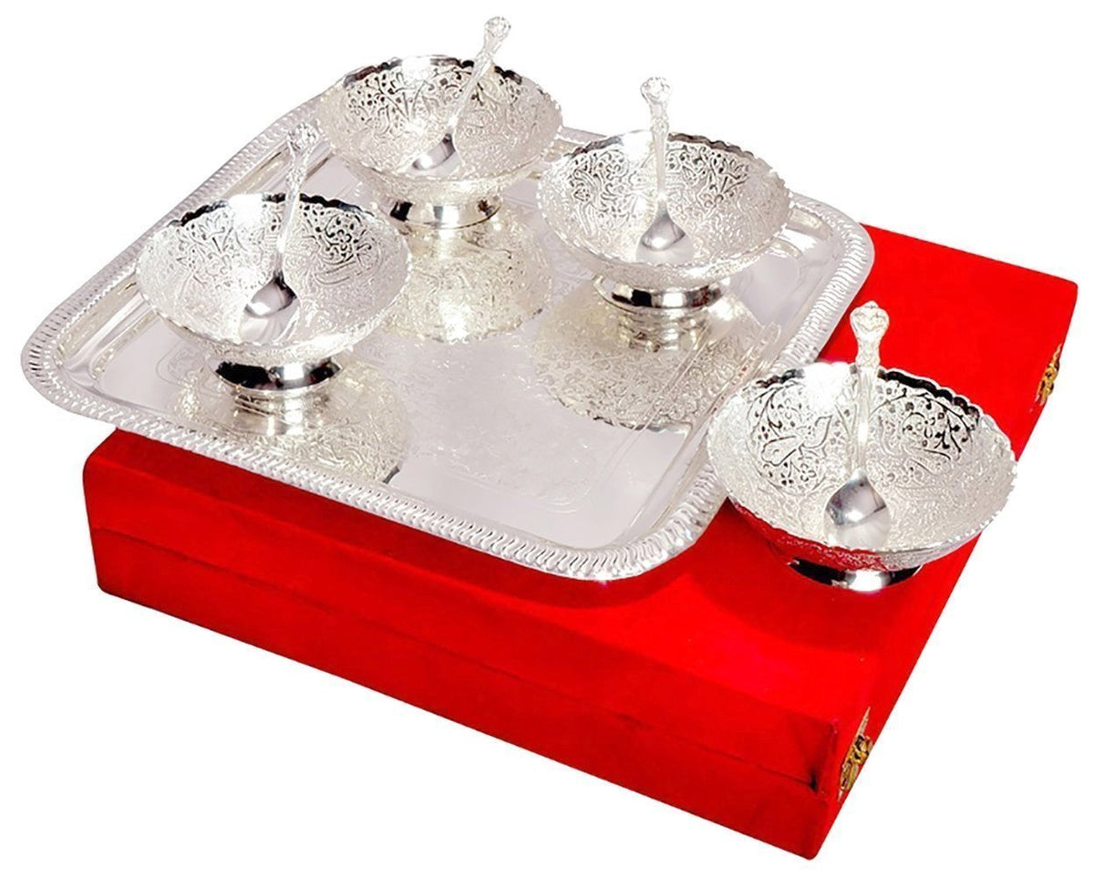 R Ayurveda Copper™ Silver Plated Brass Bowl Set with Tray - Pack of 9