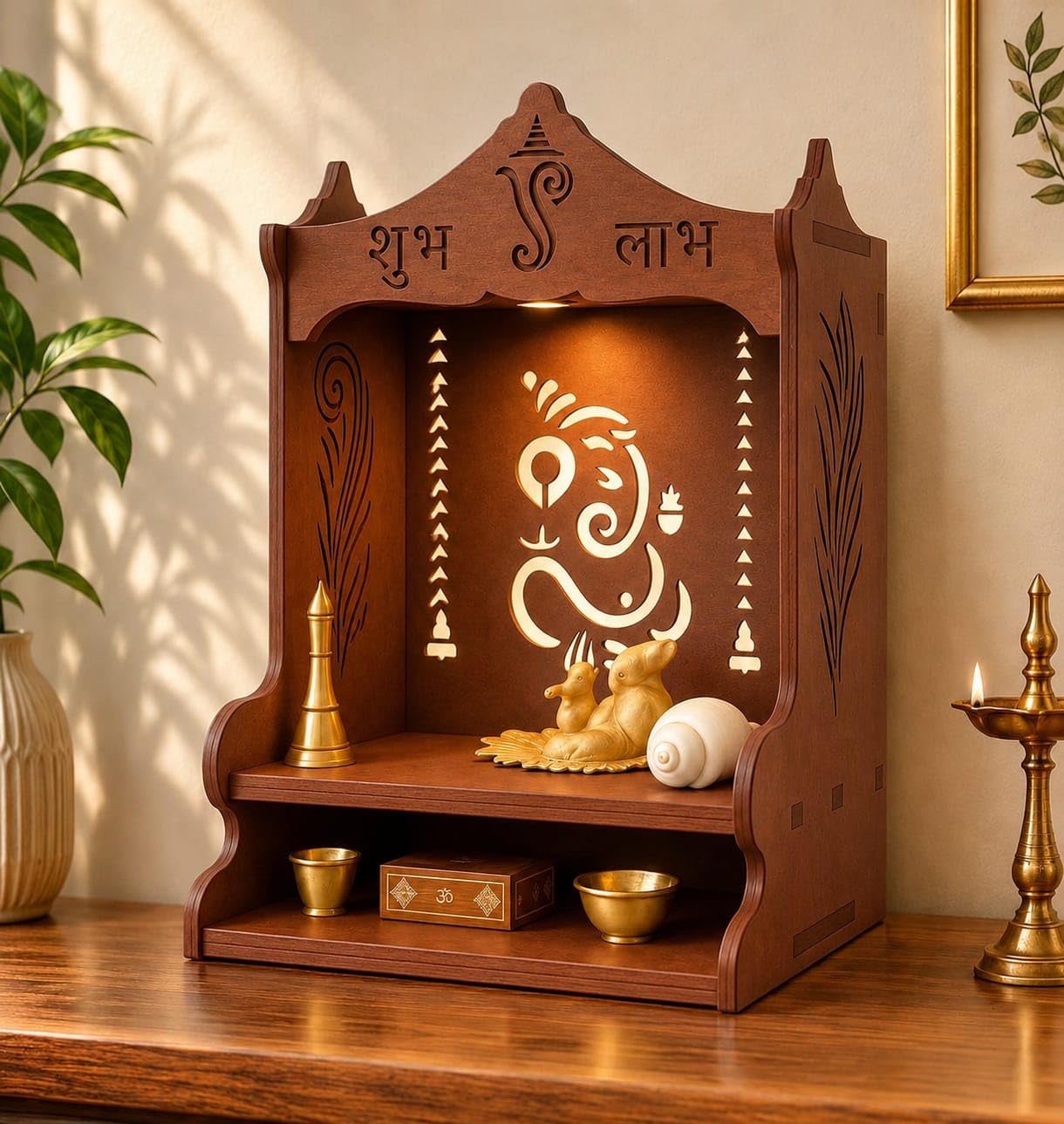 Wooden Pooja Mandir for Home, Pine Home Temple with Spacious Shelf, Hindu Mandir, Mini Temple for Home Decor, Living Room & Office (Ganesha, Wooden Temple)