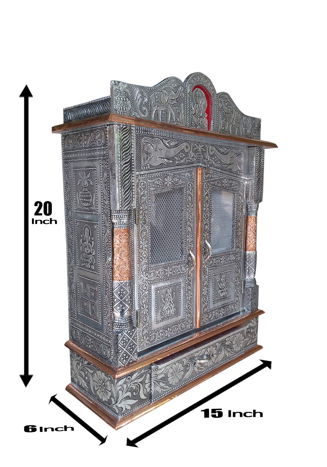 Genaric Vd-Starâ Handcrafted Designs Wooden Mandir With Aluminium & Copper Oxidized Temple Home Temple/ Mandir Office Pooja Mandir Silver & Bronze (Size: 24X 6X 15 Inch)