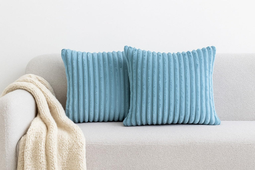 AWARD VELVETS Premium Faux Rabbit Fur Plush Luxury Soft Fluffy Striped Decorative Throw Pillow/Cushion Covers for Sofa, Couch, Living Room - (Blue, 16 x 16 inch) Set of 2