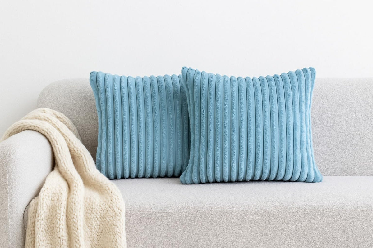AWARD VELVETS Premium Faux Rabbit Fur Plush Luxury Soft Fluffy Striped Decorative Throw Pillow/Cushion Covers for Sofa, Couch, Living Room - (Blue, 16 x 16 inch) Set of 2