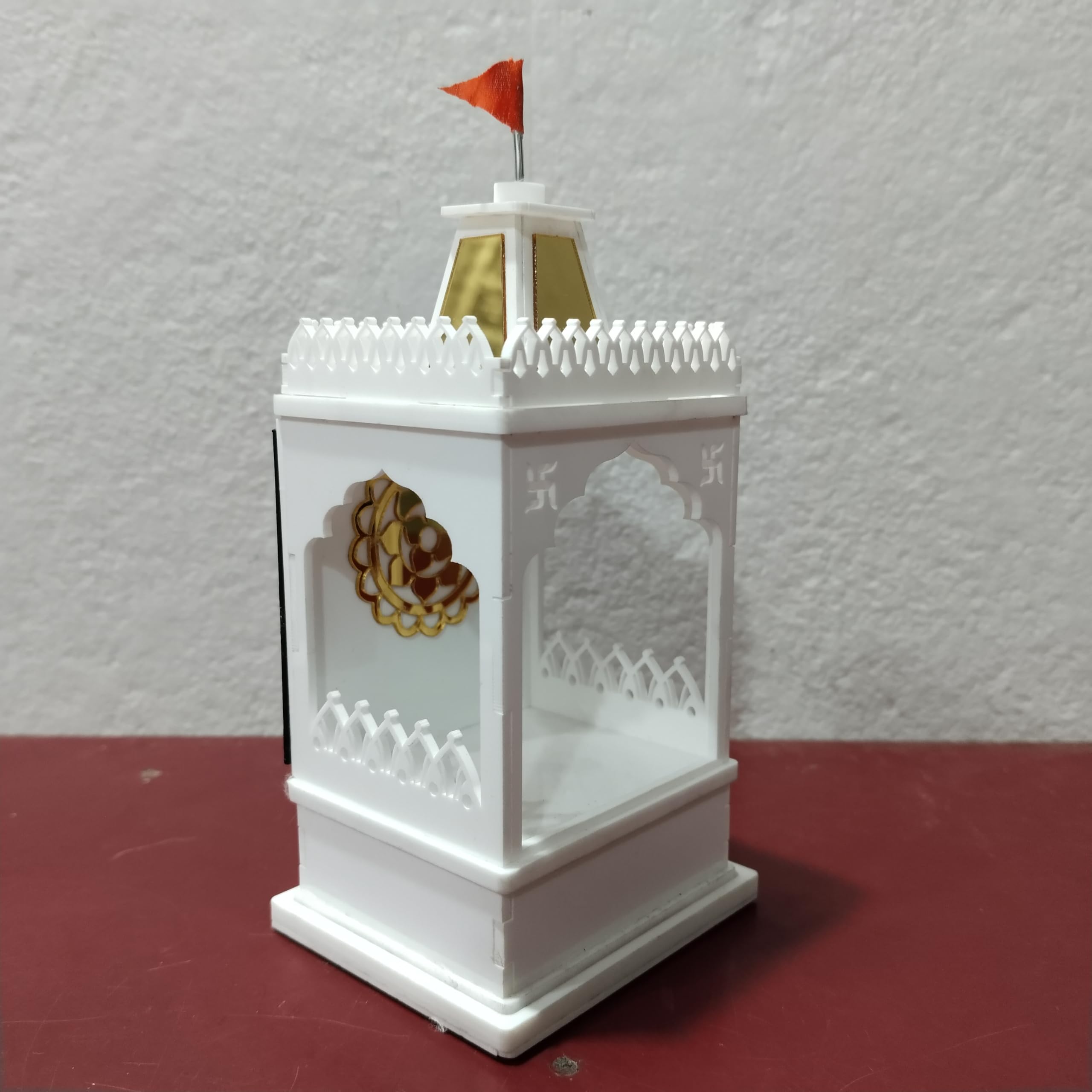 Solar Rechargeable Mini Mandir for Car and Office Desk, White with Gold Accents, Without Idols (White)
