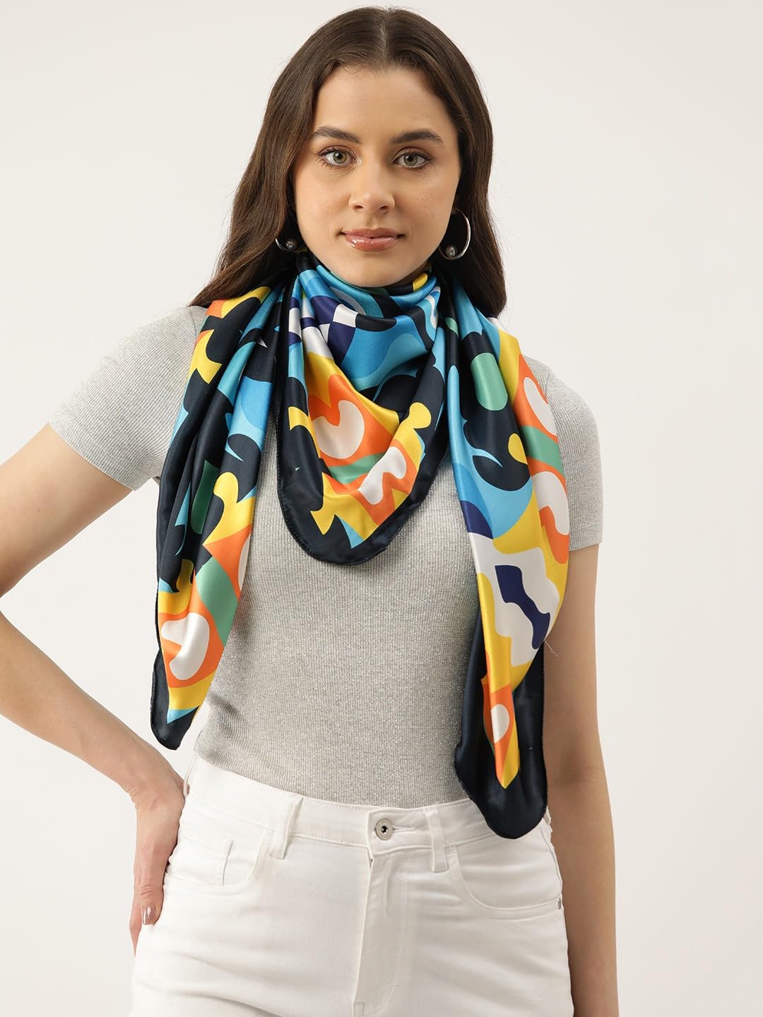 leeza store Women's Navy Blue Silk Scarf For Women, 40 X 40 | Digital Printed White Heart Curves | Soft Fashion Accessory