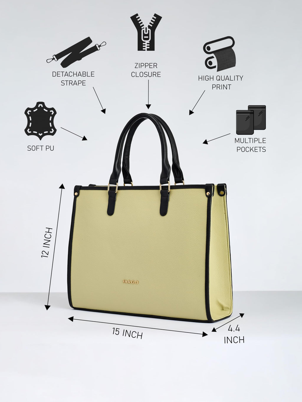 Fargo Regal Vegan Leather Tote Bag for Women | Laptop Compartment, RFID Pockets, YKK Zipper, Large Office Handbag | Shoulder Bag for College & Daily Use | Made in India (Lemon and Black)