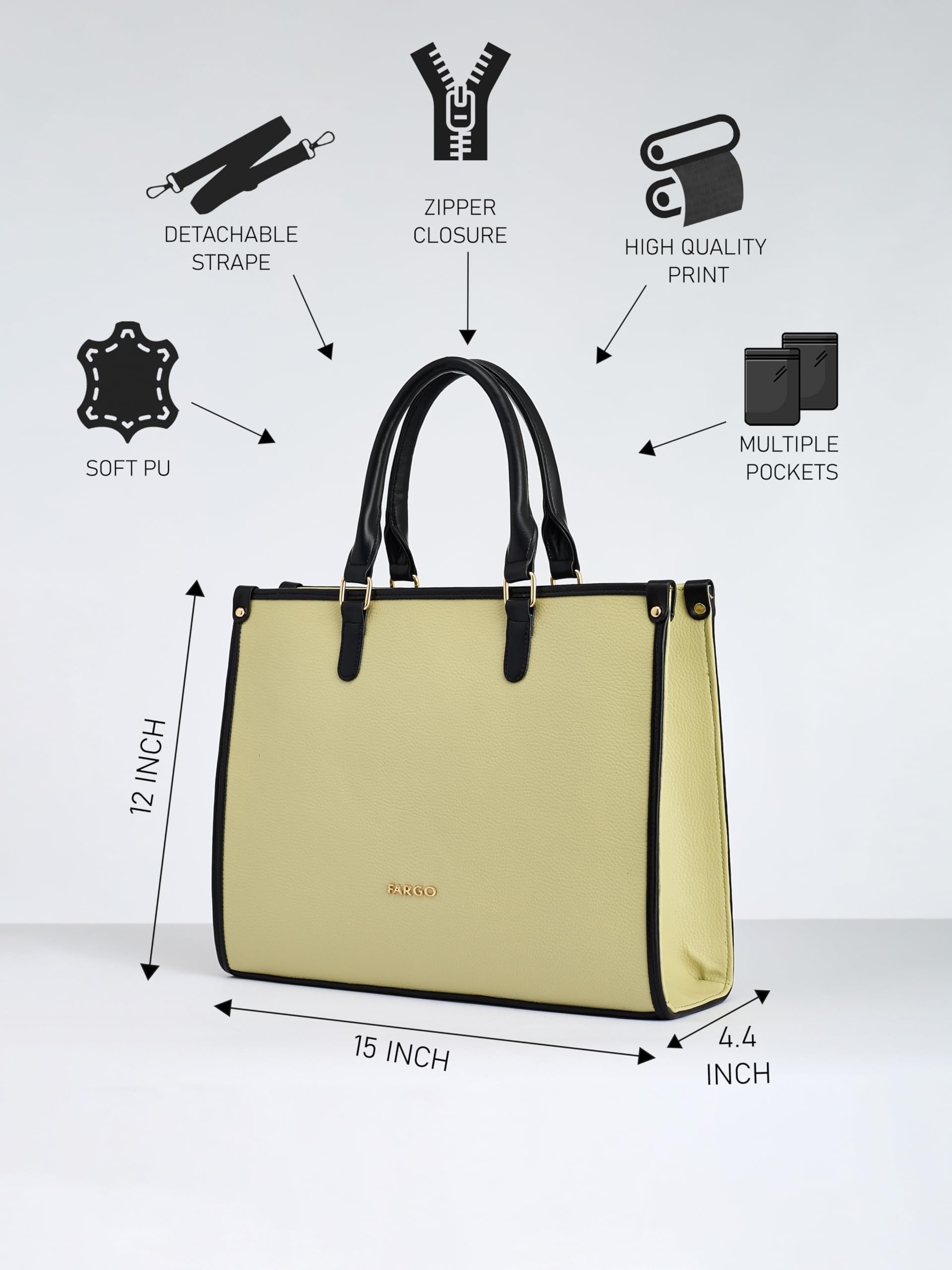 Fargo Regal Vegan Leather Tote Bag for Women | Laptop Compartment, RFID Pockets, YKK Zipper, Large Office Handbag | Shoulder Bag for College & Daily Use | Made in India (Lemon and Black)
