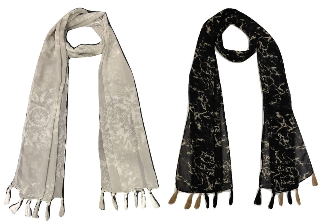 StoleVilla™ Women's Printed Poly Cotton Multicolored Scarf and Stoles with Pearl Tassels Set Of 2 (ST310)