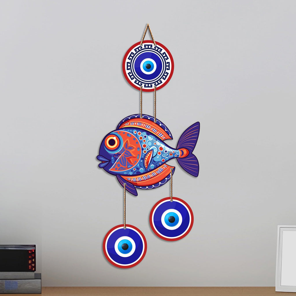 Artvibes Fish Evil Eye Wall Hanging for Home Entrance | Lucky Fish Nazar Battu MDF Wall Decor | Vastu Decorative Art for Living Room | Bedroom | Office & Balcony (WH_8535N)