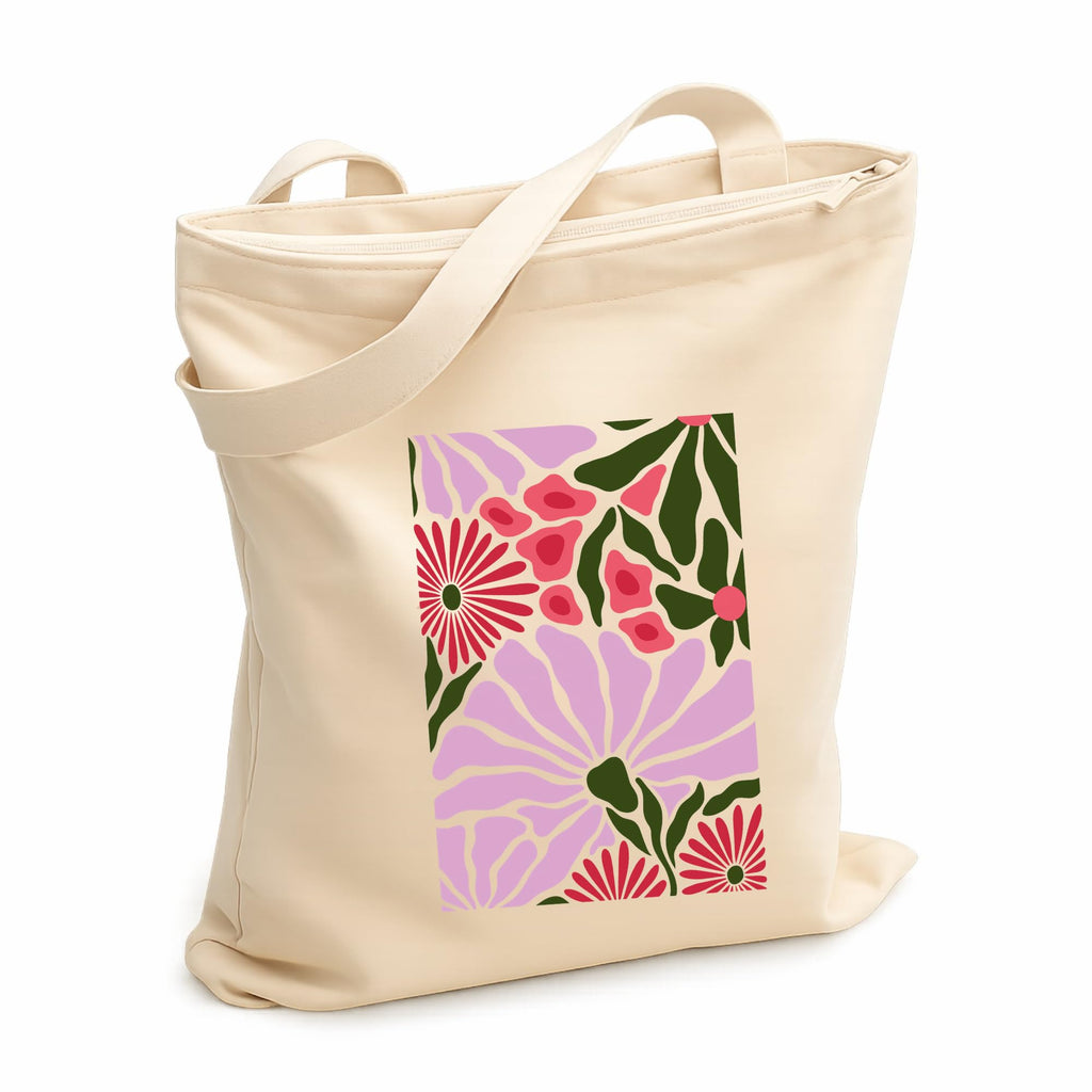 Prageet Canvas Tote Bag for Women with Zipper | 350 GSM Cotton Printed Tote | Stylish College Office Travel Shoulder Bag | Fits 14-15 Inch Laptop | Eco Friendly Reusable Cloth Handbag (TILEFLR)