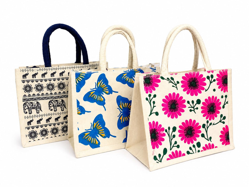 Printed Canvas Tote Bag | Eco-Friendly Reusable Multipurpose Shopping & Gift Bag with Cotton Rope Handles | Assorted Designs | 10(L) x 8.5(H) x 5.5 (w) Inch (Pack of 5)
