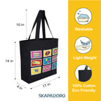 SKAPADORO Canvas Big Zip Printed Handbag Tote,100% Cotton, Inner pocket, Ecofriendly Bag for Women, Travel College Beach Shopping, Easy to Wash Everyday Shoulder Bag (Retro Pop)