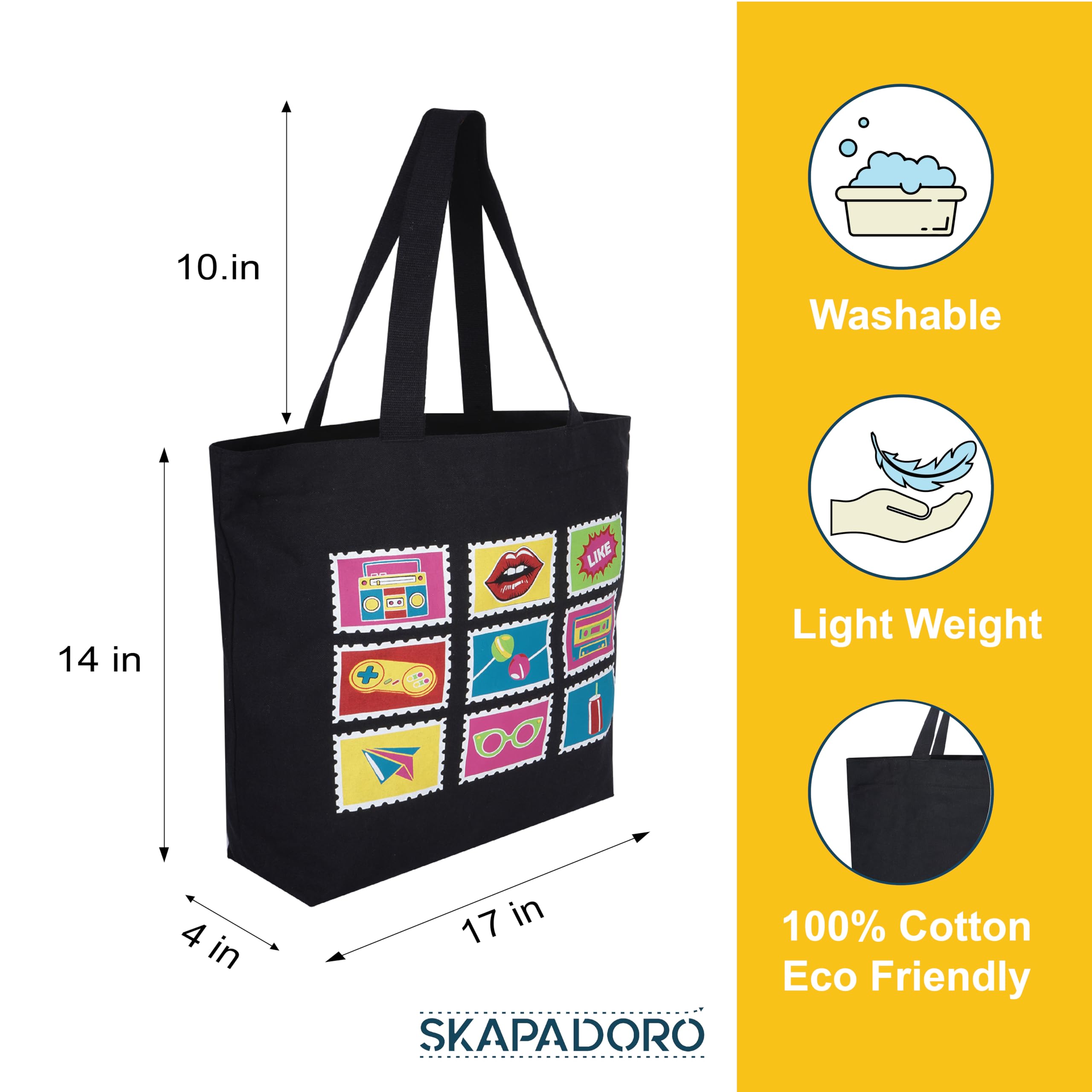 SKAPADORO Canvas Big Zip Printed Handbag Tote,100% Cotton, Inner pocket, Ecofriendly Bag for Women, Travel College Beach Shopping, Easy to Wash Everyday Shoulder Bag (Retro Pop)