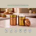 Elan Dabbahs and Days Stainless Steel Round Chai & Cheeni Canister Jar for Tea Sugar Coffee and Snacks Stylish Food Safe Storage Jar For Grocery (800 ml each, Set of 2, Copper and Antique Gold Finish)