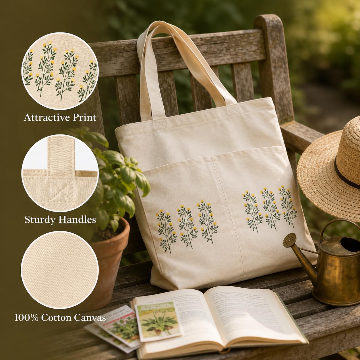 Suryatra Meadow Blossom Canvas Tote Bag for Women & Men | Premium Cotton Canvas Shoulder Bag with Dual Front Pockets | Tote Bag for Office, College, Shopping & Travel | Natural | 14 x 16 Inches