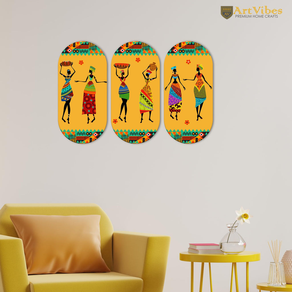 Artvibes African Warli Art Decorative MDF Wooden Wall Art for Home | Living Room | Office | Wall Art Painting For Hall | Graphic Artwork | Aesthetic Wooden Decor | Ideal Gifts (WH_9018N), Set of 3
