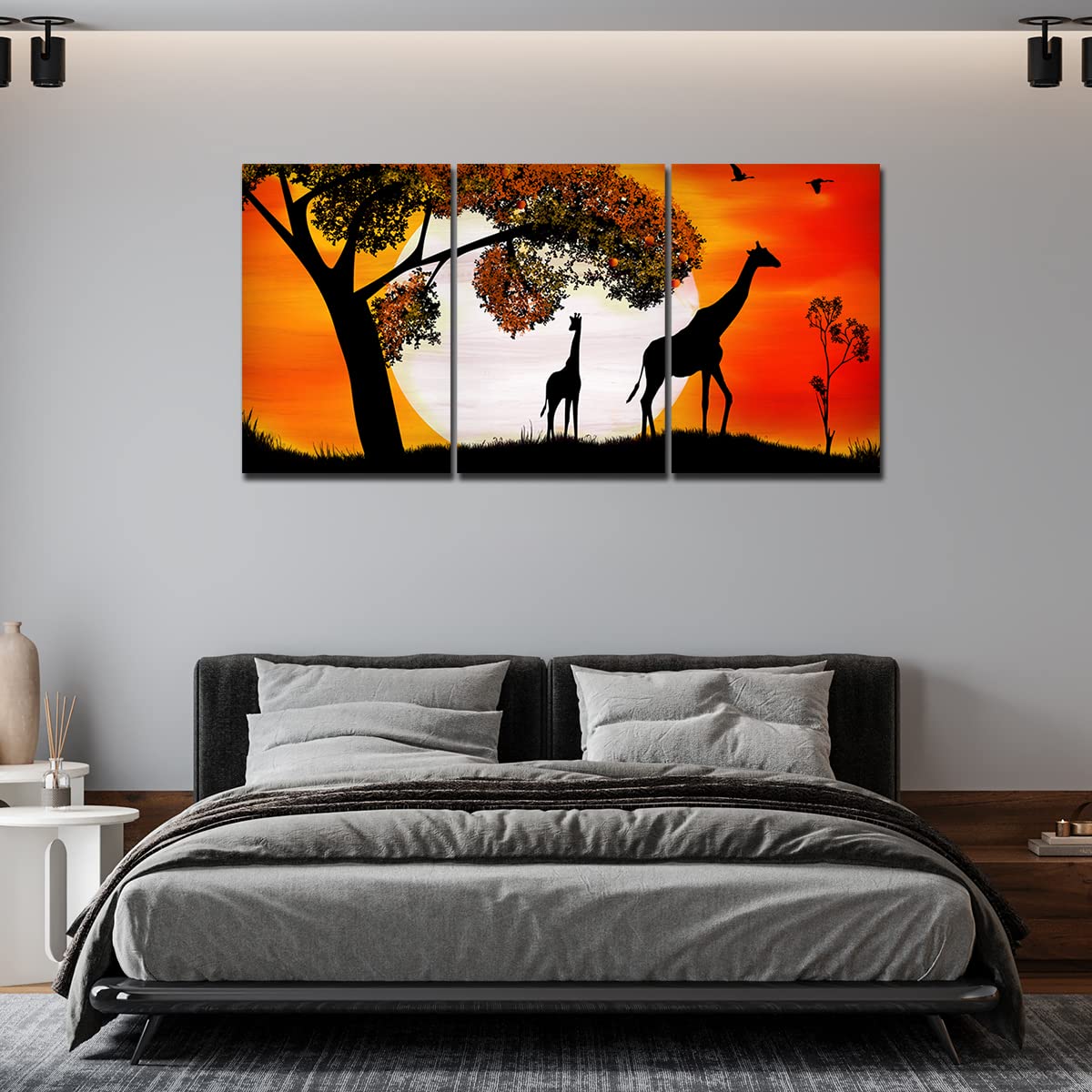 VIBECRAFTS 3 Pieces Giraffe Under A Tree In Sunset Canvas Wall Painting Fitted With Wooden Frame For Home | Office | Living Room | Gifts(PTVC3Pcs3_11504)