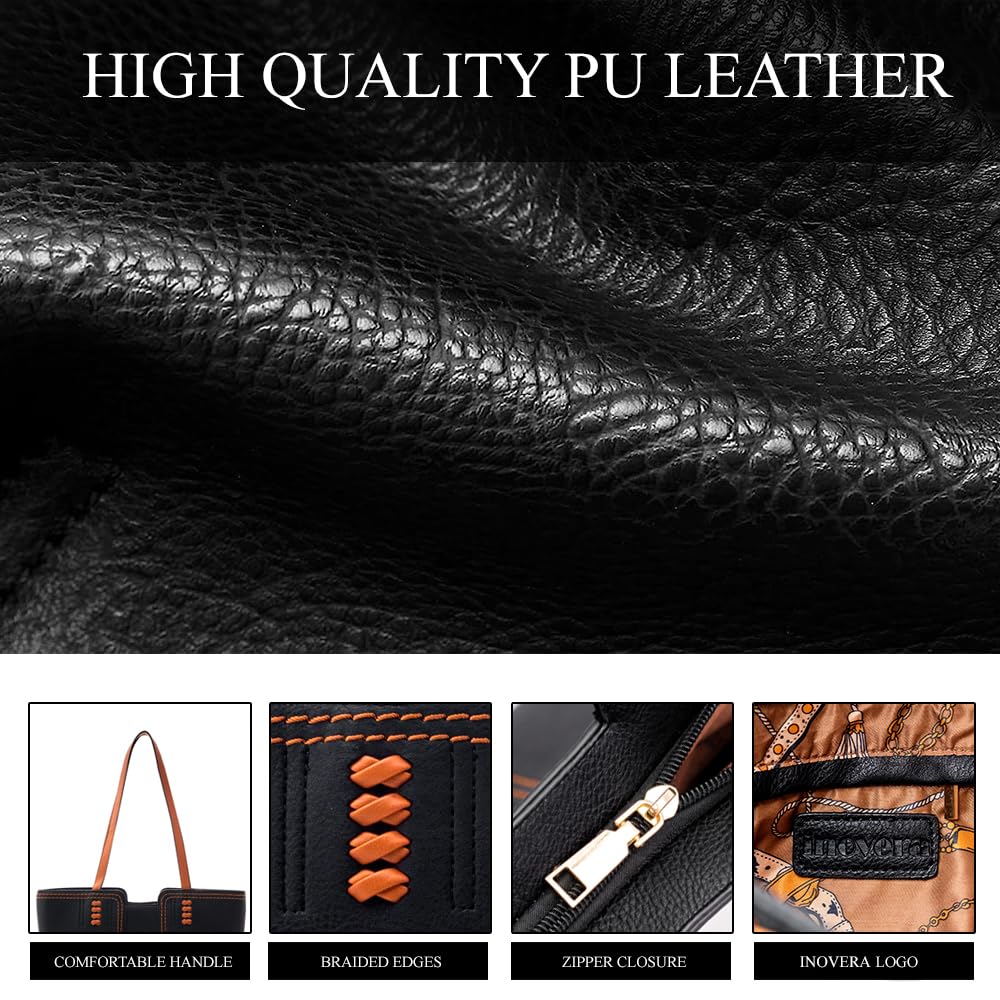 INOVERA (LABEL) Faux Leather Large Capacity Handbags Shoulder Bag With Zip Top Handle Satchel Purse For Women,black