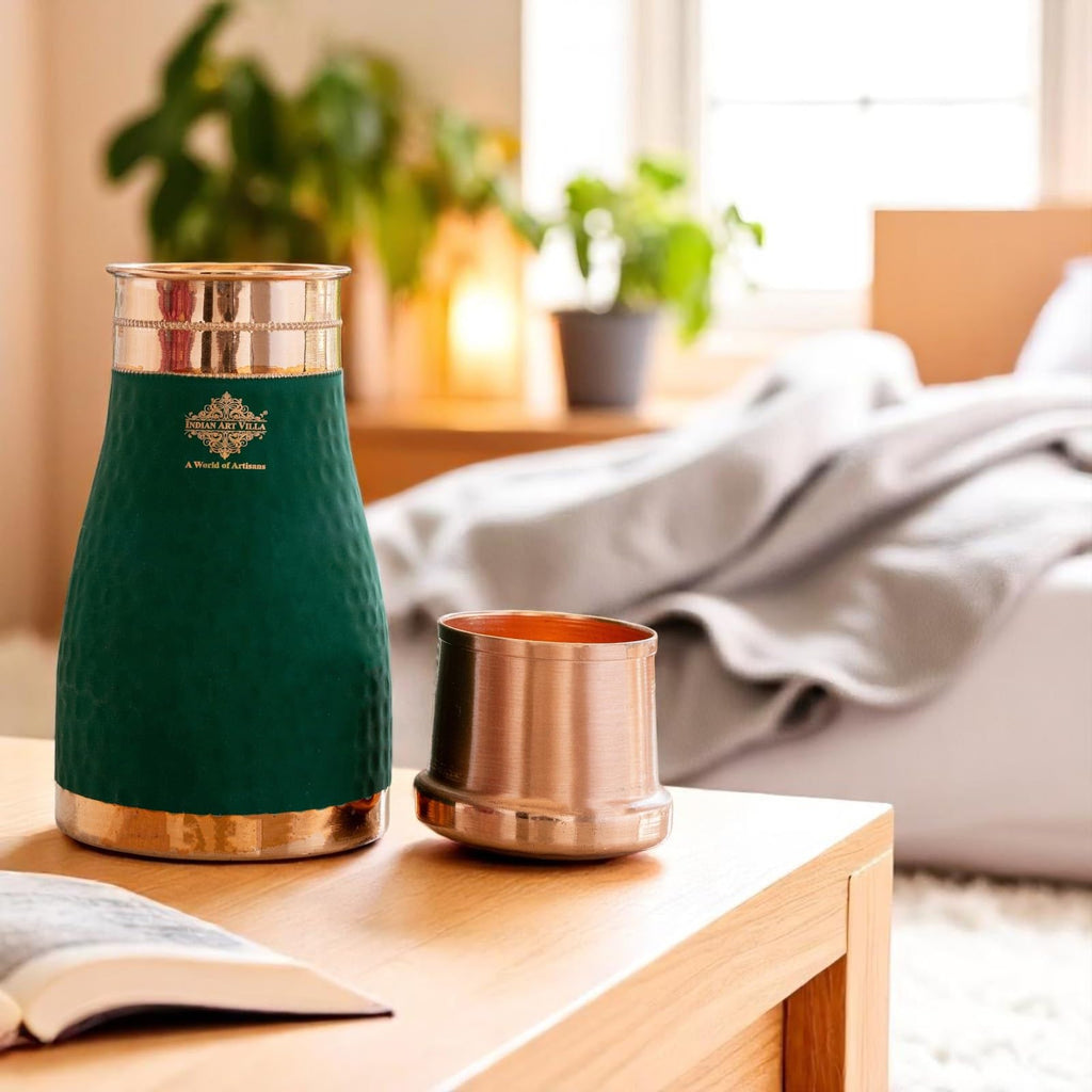 INDIAN ART VILLA Pure Copper Bedroom Water Bottle with Inbuilt Glass, Green Silk Finish Hammered Design, Drinkware & Storage Purpose - Volume 950 ML (Pack of 1)