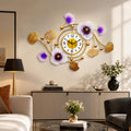 Mahira Artefacts Luxury Gold Metal Floral Wall Clock with Purple & White Flowers with White and Gold Dial | Modern Silent Decorative Wall Clock for Living Room, Bedroom, Dining Room, Hall & Office