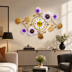Mahira Artefacts Luxury Gold Metal Floral Wall Clock with Purple & White Flowers with White and Gold Dial | Modern Silent Decorative Wall Clock for Living Room, Bedroom, Dining Room, Hall & Office