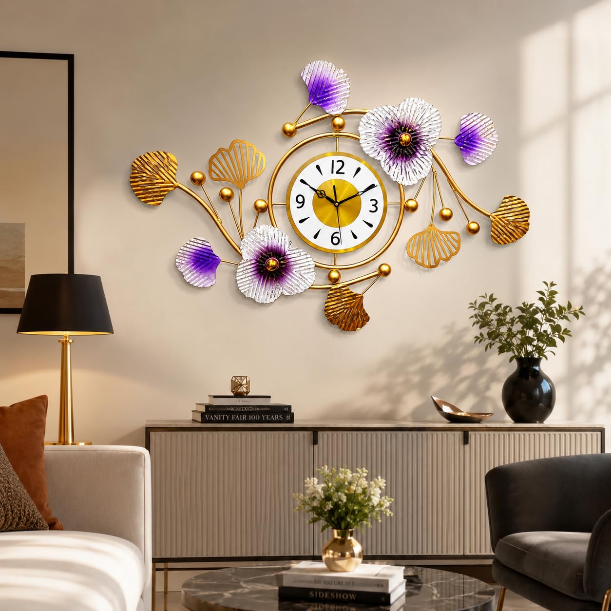 Mahira Artefacts Luxury Gold Metal Floral Wall Clock with Purple & White Flowers with White and Gold Dial | Modern Silent Decorative Wall Clock for Living Room, Bedroom, Dining Room, Hall & Office
