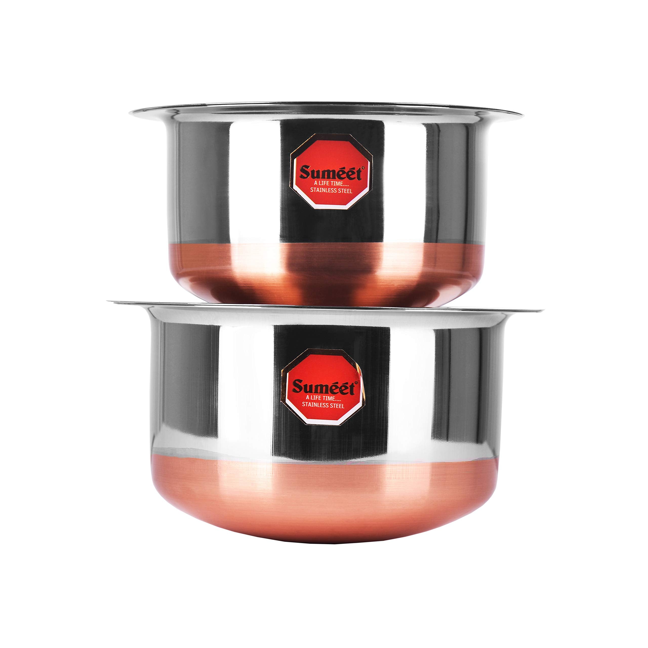 Sumeet Stainless Steel Copper Bottom Cookware/Container/Tope Set of 2 Pcs With Lids (No. 10-1 Ltr, No. 11-1.4 Ltr), 400 Ml,530 Ml,800 Ml