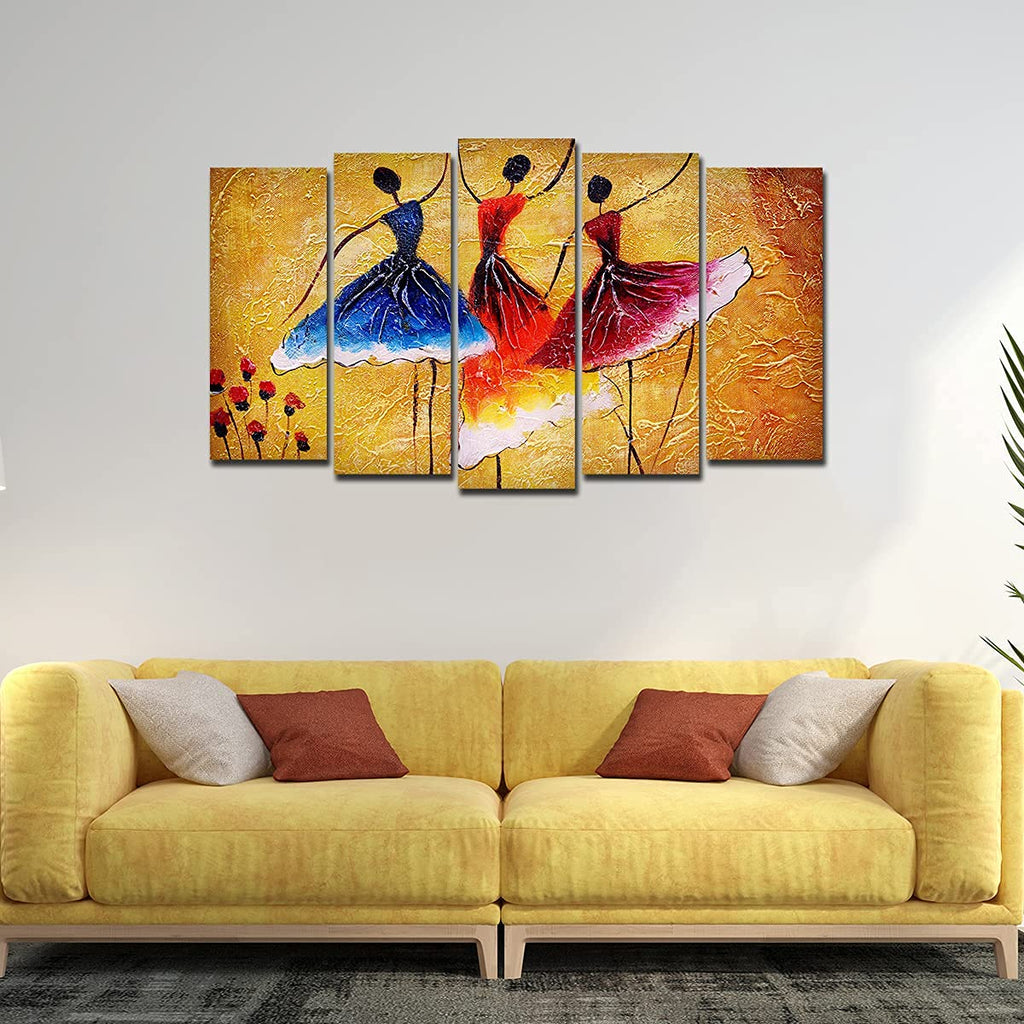 VIBECRAFTS Dancing Women Warli Art 5 Pieces Premium Wall Painting For Home|Office|Living Room|Gift (PTVC5Pcs2_6501)