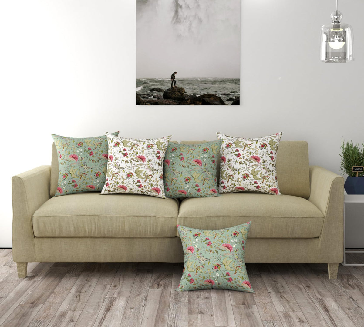 Trance Home Linen Set of 5 Premium 100% Cotton 18X18 Inch Cushion Covers Only for Sofa and Diwan | Small Cushion Pillow Covers Only-(18X18 Inch | 45Cmx45Cm, Calicut Green White) - Set of 5, 180 TC