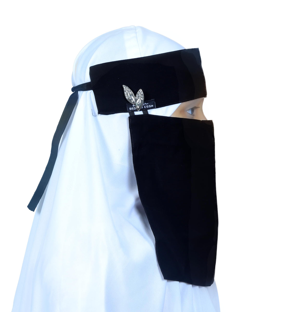 AL RIDHA Women's Babussalam Fabric Fashion Nosepiece One‑Layer Half Hijab Pendant Design Saudi Niqab for Muslim Women and Girls, Black (Crystal Leaf Pendant)