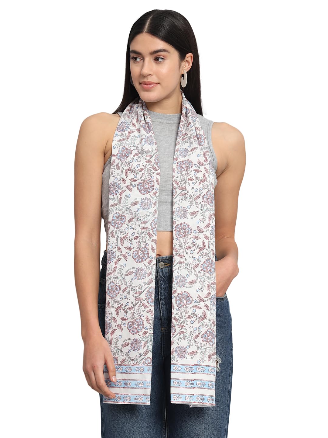 Ravaiyaa - Attitude is everything Women White & Multi Hand Block Floral Printed Cotton Scarf 71 X 21 Inch