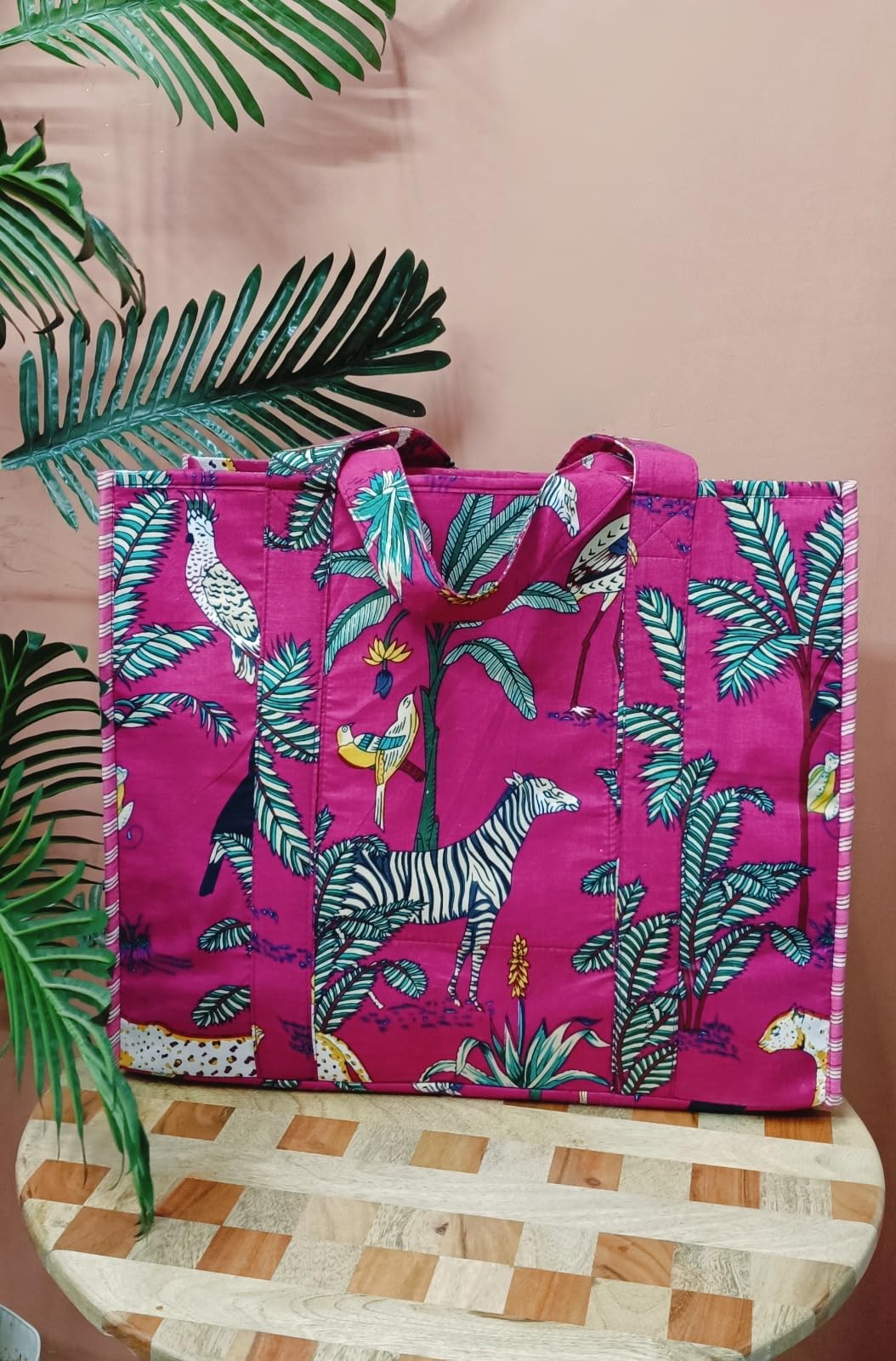 HOUSE OF GULAB Cotton Tote Bag Reusable Shopping Bag Printed Cloth Carry Bag with Long Handle Eco Friendly Grocery Storage Travel Bag for Men & Women 15x18 Inch (Dark Pink)