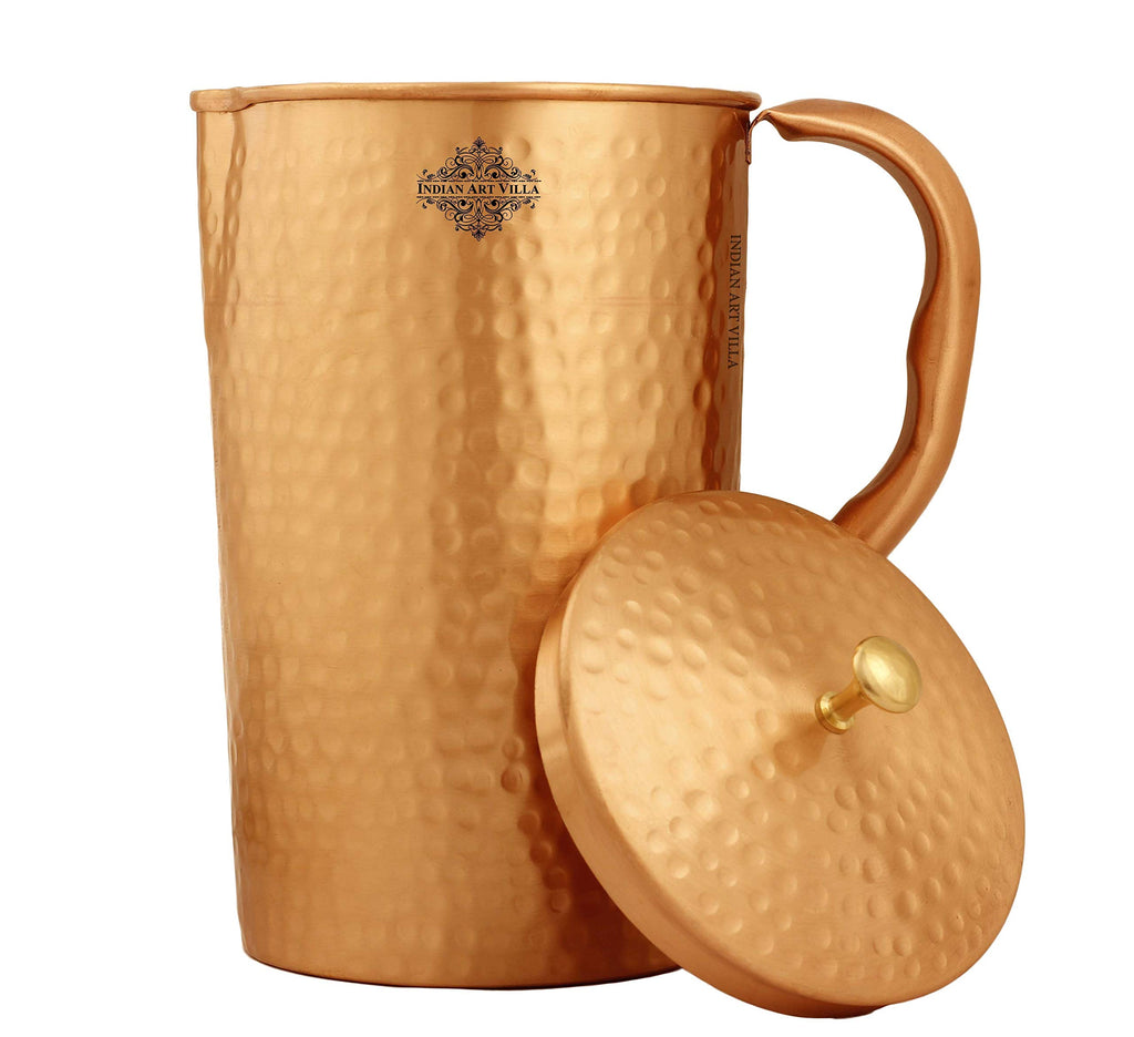 Indian Art Villa Hammered Lacqure Coated Copper Jug Pitcher with Brass Knob, Storage & Serving Water, Yoga Ayurveda Healing, Volume- 1000 ML