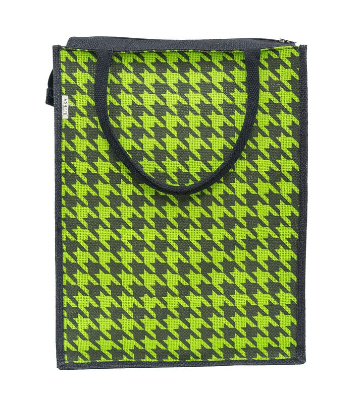 JUTEKA Parrot Green Houndstooth Printed Jute Lunch Bag - Grocery, Tote, Hand, Picnic Bag for Men, Women, Girls, Kids With Zip