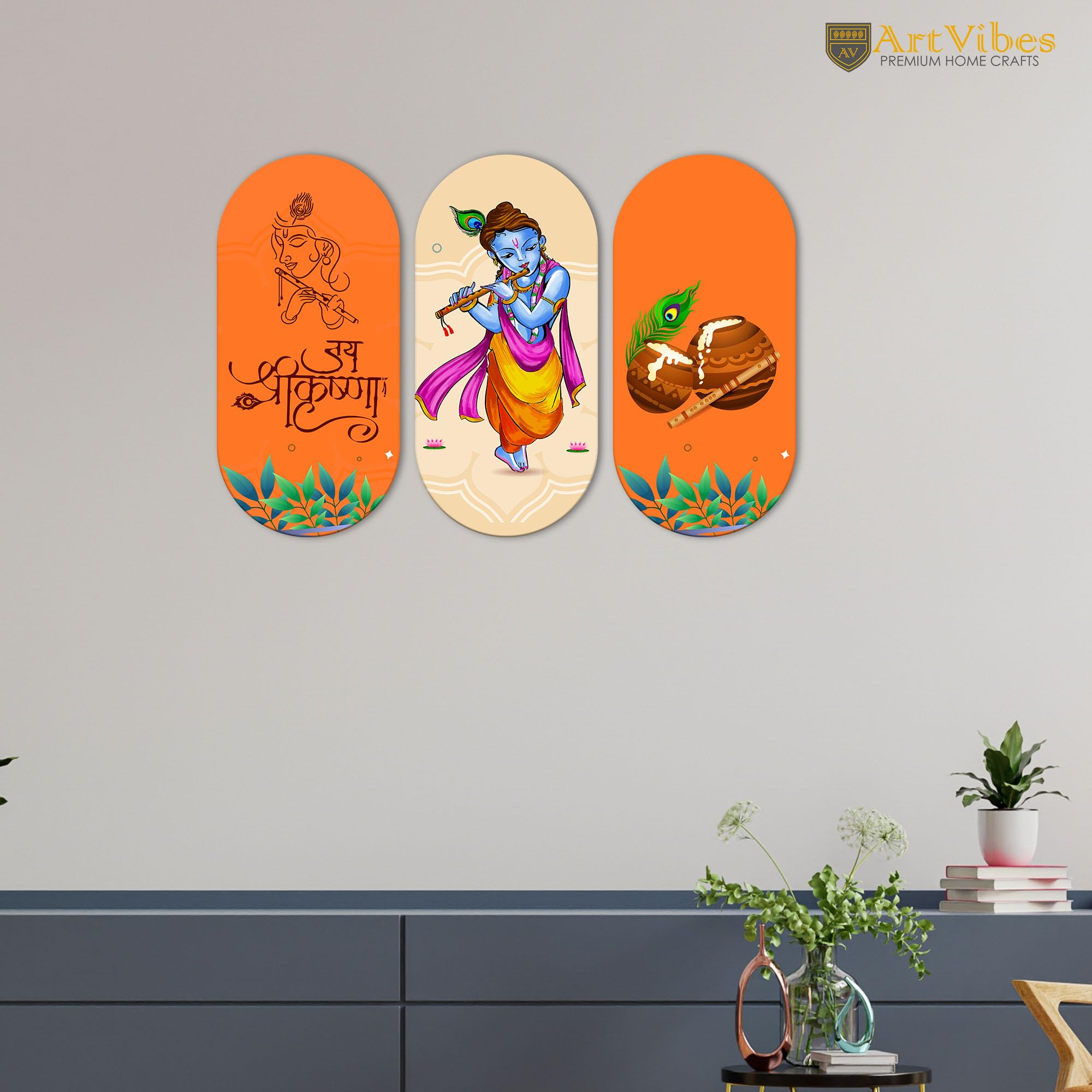 Artvibes Shri Krishna Wall Hanging Home Decorative Wall Art for Living room | Spiritual Decor Items | Wall Illustrations | Artwork| Stylish Modern Decor Item | Gift Items (WH_9019N), Set of 3
