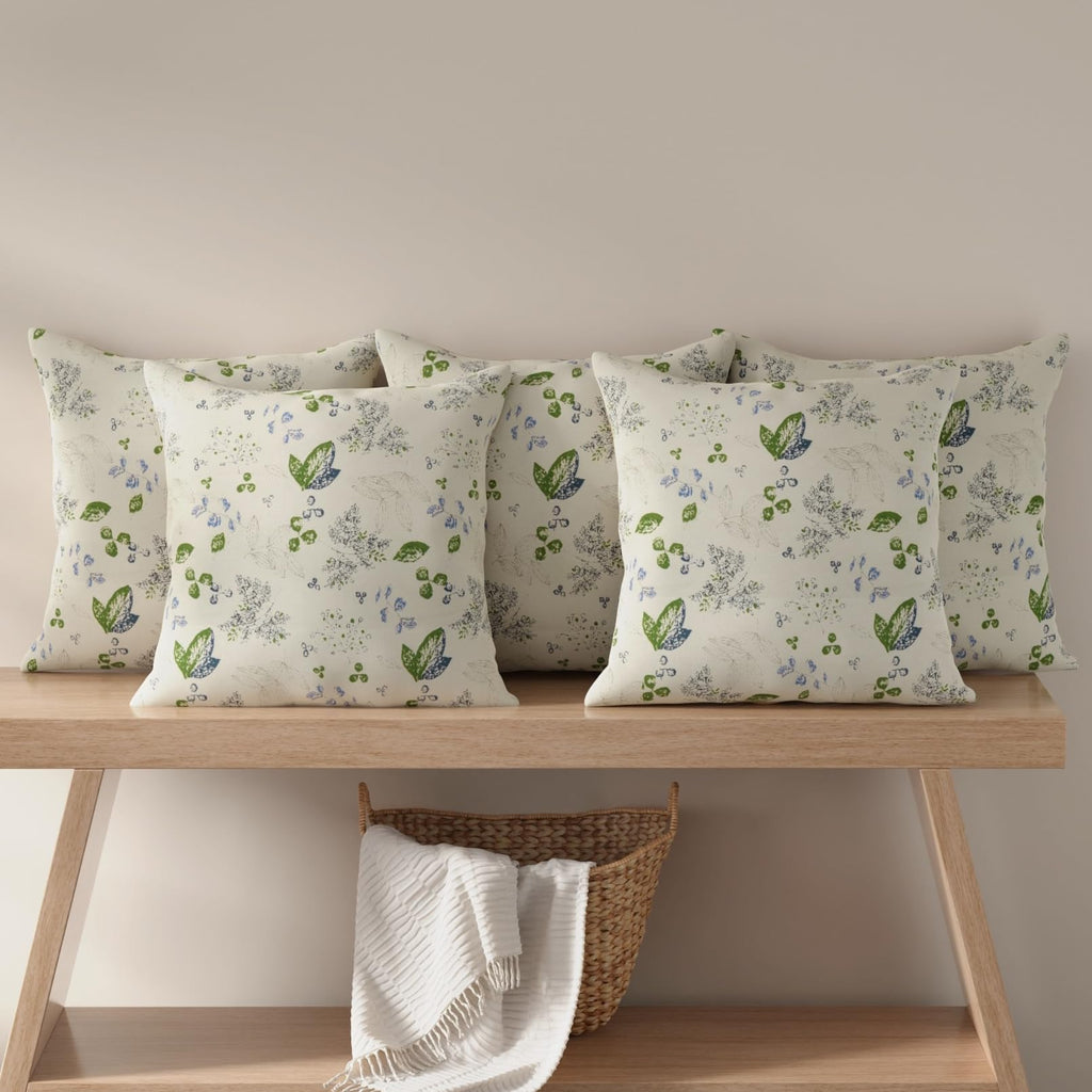 HUESLAND Premium Cotton Cushion Cover 12 inch x 12 inch | Decorative Square Throw Pillow Covers Set for Sofa, Living Room & Bedroom | Set of 5 | Green Leaf Floral