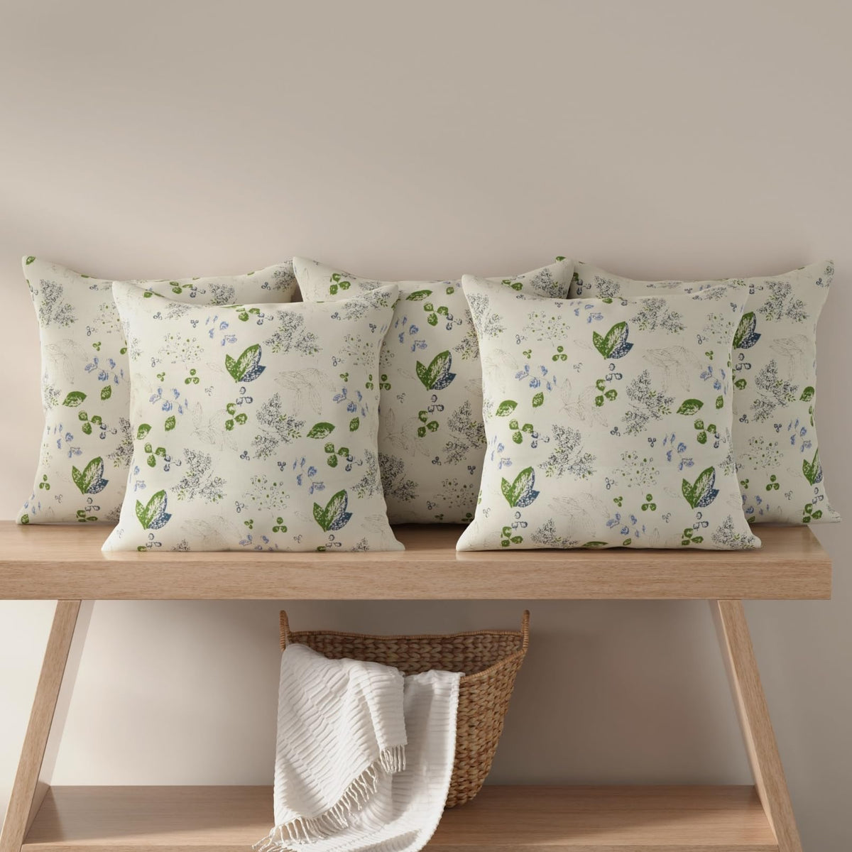 HUESLAND Premium Cotton Cushion Cover 12 inch x 12 inch | Decorative Square Throw Pillow Covers Set for Sofa, Living Room & Bedroom | Set of 5 | Green Leaf Floral