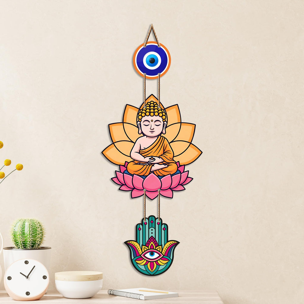 Artvibes Buddha Lotus Wall Hanging with Evil Eye and Hamsa Hand | Spiritual Meditation Decor for Positive Energy & Mindfulness | Decorative Hanging for Living Room | Yoga Room and Entrance (WH_8593N)