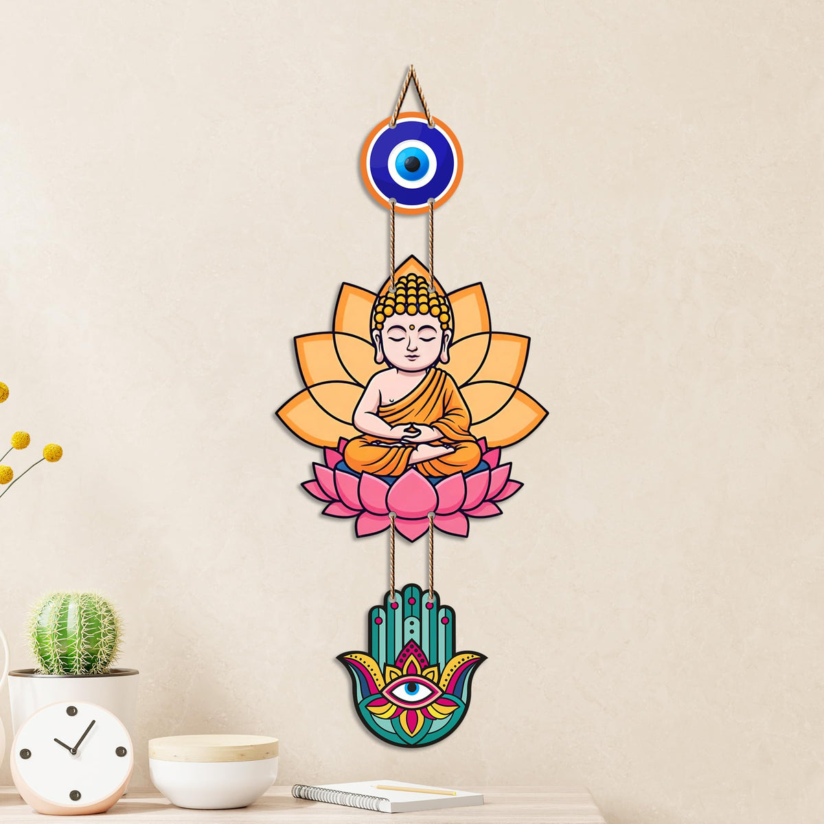 Artvibes Buddha Lotus Wall Hanging with Evil Eye and Hamsa Hand | Spiritual Meditation Decor for Positive Energy & Mindfulness | Decorative Hanging for Living Room | Yoga Room and Entrance (WH_8593N)