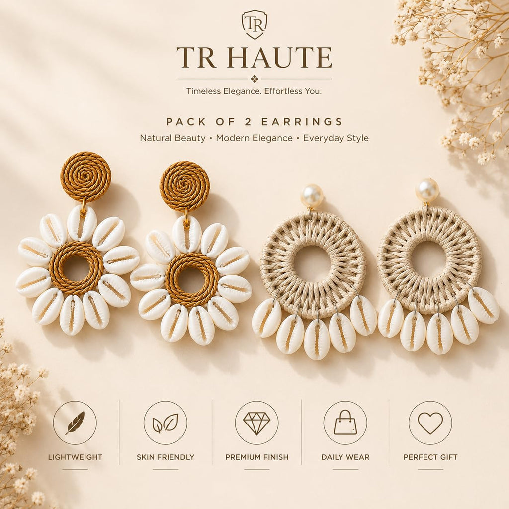 TR HAUTE Fashion Jewellery Bohemian Seashell Earrings Set of 2 for women and girl ,Handcrafted boho Macrame and Cowrie Flower Design, combo of 2 earring set for women and girl. trending earringes. pack of 2