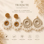 TR HAUTE Fashion Jewellery Bohemian Seashell Earrings Set of 2 for women and girl ,Handcrafted boho Macrame and Cowrie Flower Design, combo of 2 earring set for women and girl. trending earringes. pack of 2