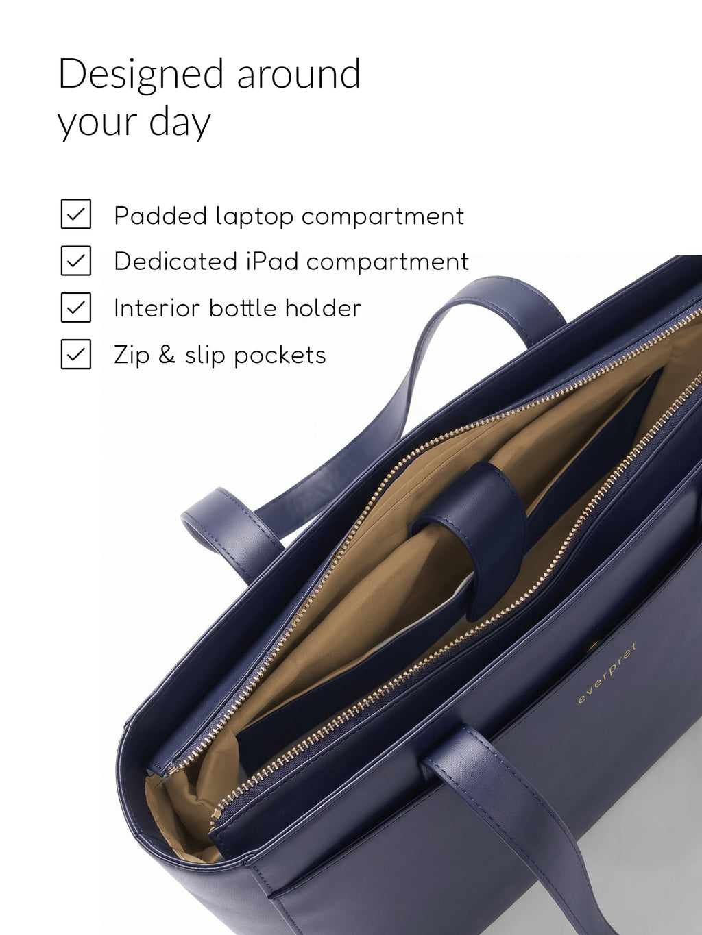 Everpret Premium Work Tote Bag for Women with 16-Inch Laptop Compartment | Vegan Leather Office Travel Handbag with Trolley Sleeve, Water Bottle Pocket & Organized Compartments | Navy Blue