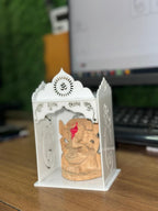 Culture Creative Mini Decorative Metal Mandir for Home | White Tabletop Temple with Lord Ganesha, Om & Swastik Cutouts | Compact Pooja Altar for Diya & Prayer Size 5x3