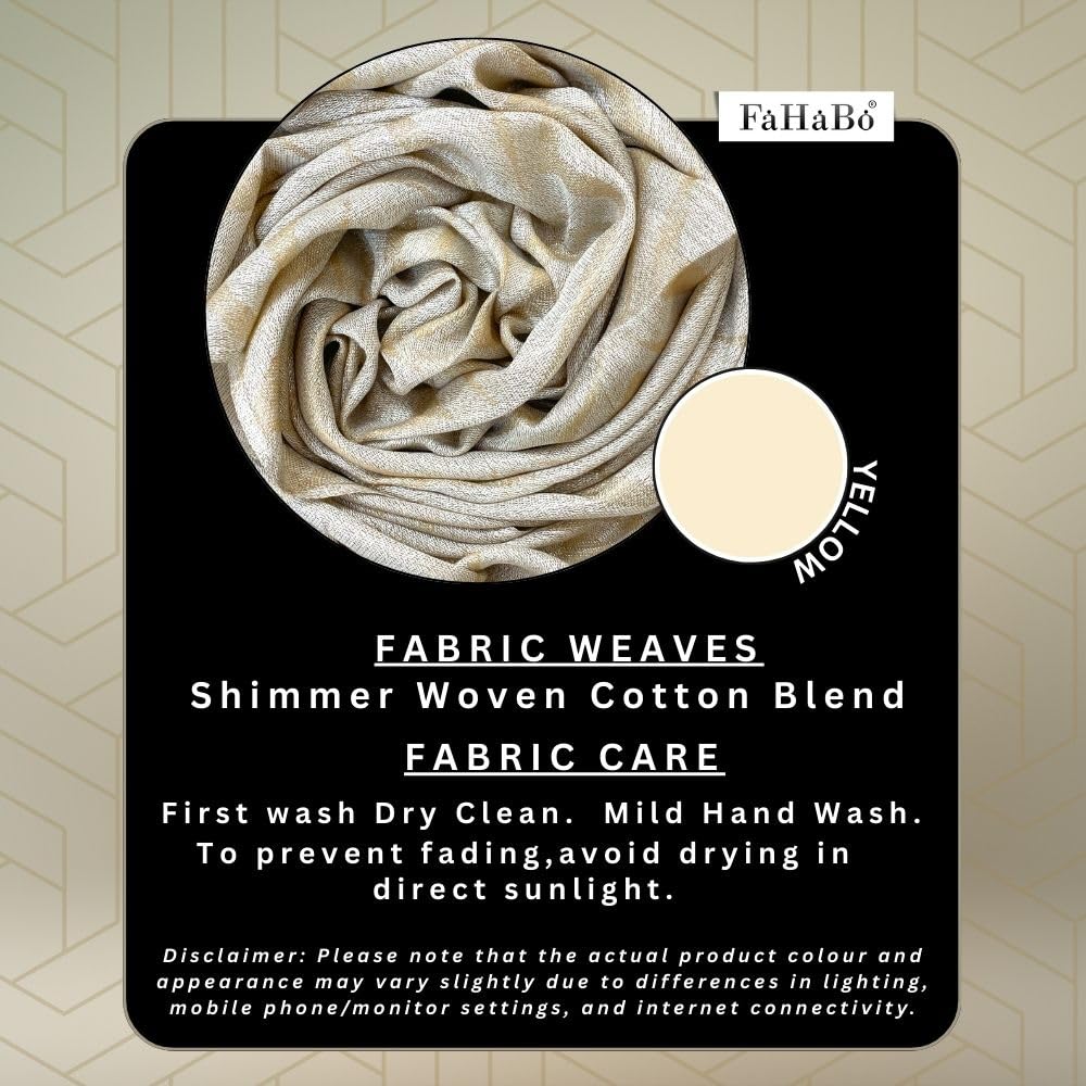 FAHABO Shimmer Geometric Woven Cotton Blend Scarf for Women – Lightweight Hijab & Stole Wrap | 73 x 29 Inches (Yellow)