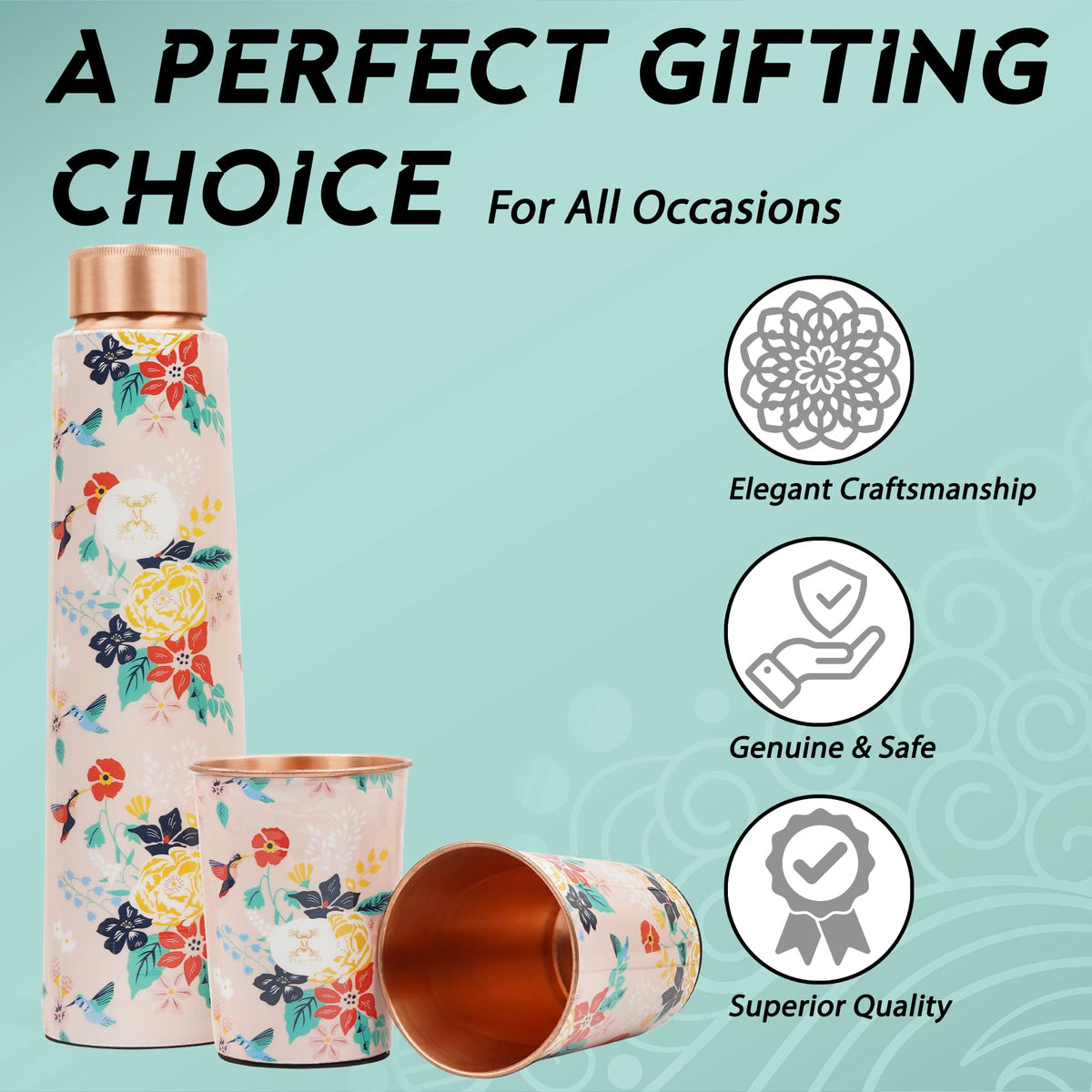 MERCAPE® Pure Copper Water Bottle Gift Set with 2 Copper Glasses (300 ml Each) | Floral Meena Print Design | Leak Resistant Screw Cap | Reusable Copper Drinkware Set | 900 ml