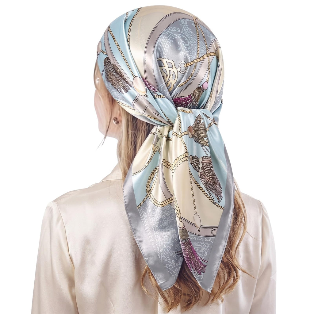Flavizo Square Satin Scarf for Women Stylish, Lightweight Print Hair Scarves, Neck and Head Bandanas, Soft Comfy Head Neck Scarf Stole - Blue