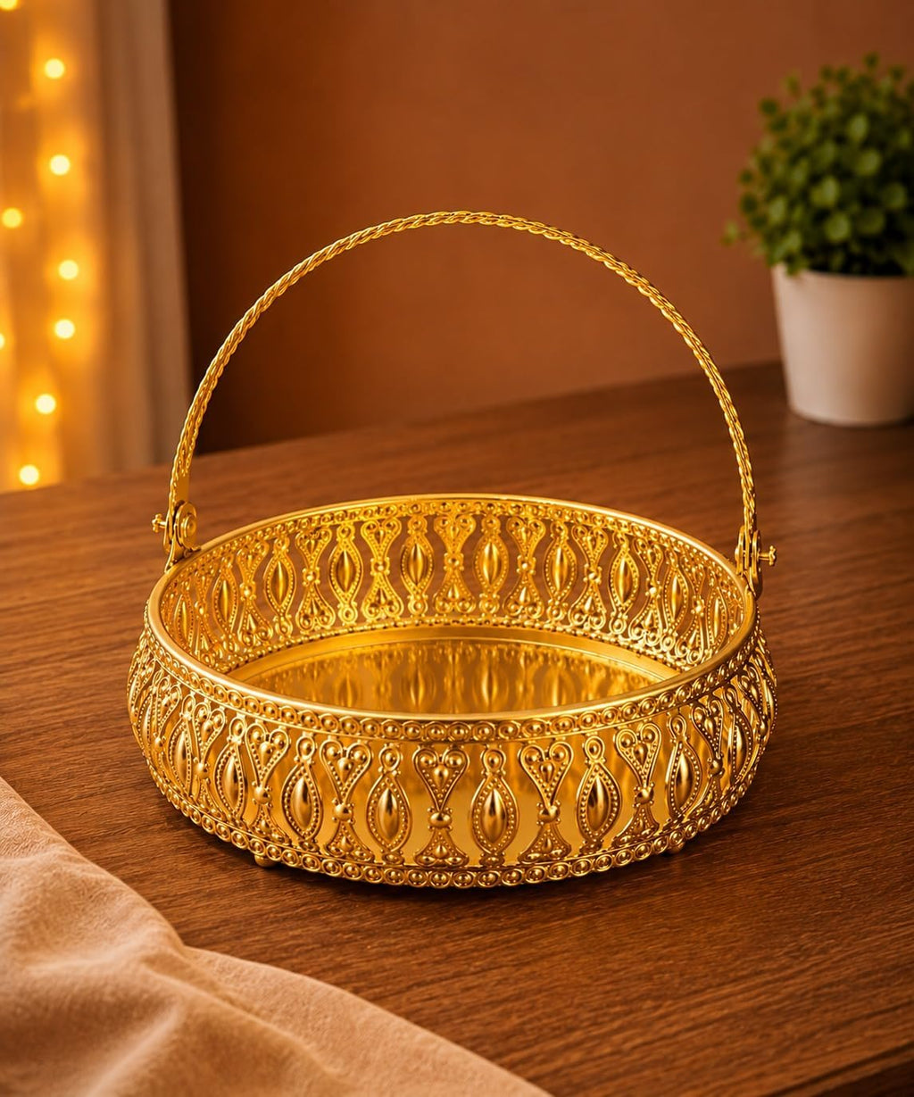 Indie-oida Golden Metal Decorative Tray for Home Decor | Round Serving & Pooja Tray for Candles, Dry Fruits & Gifting
