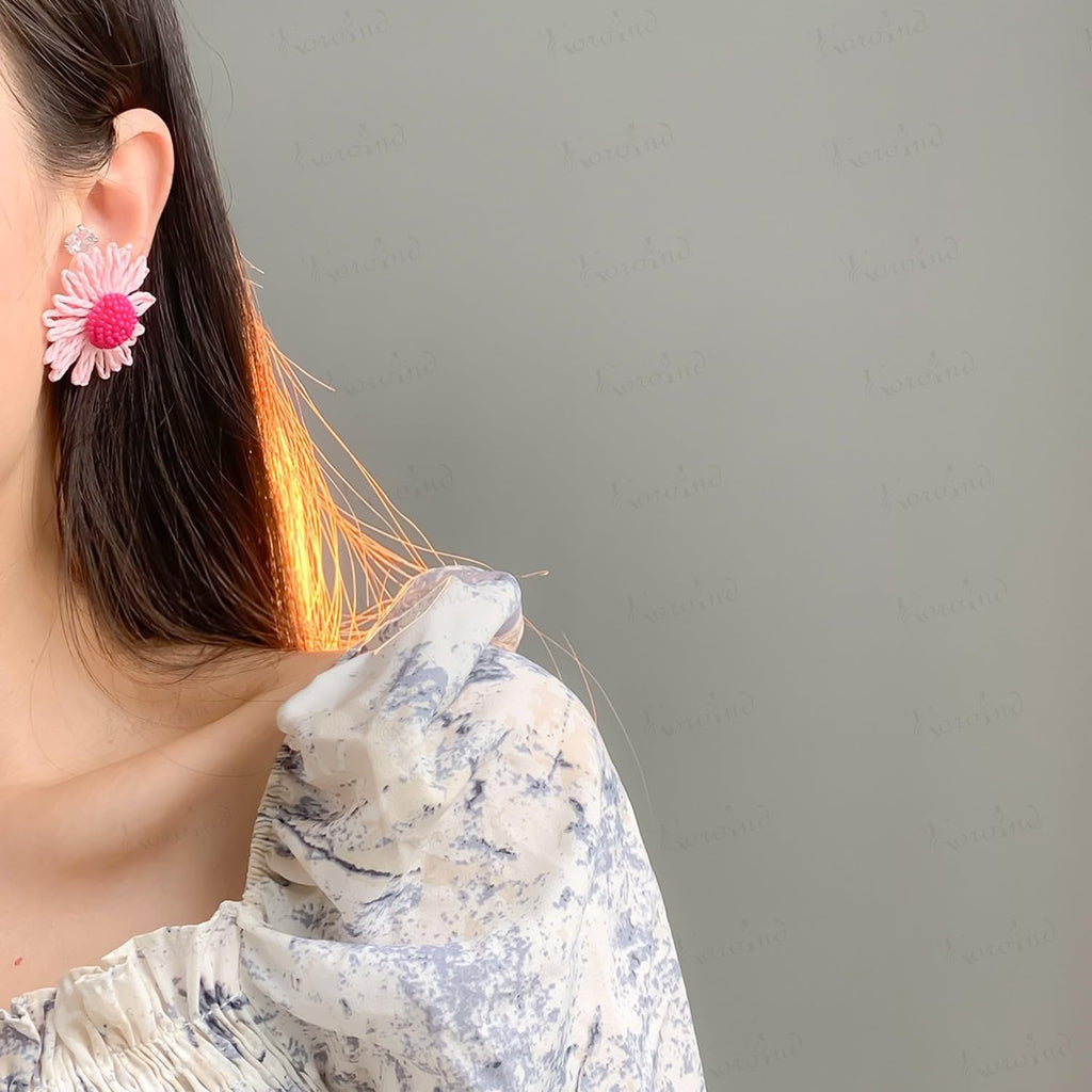 KOROIND Handmade Flower Earrings for Women & Girls | Bohemian Daisy Floral Stud Earrings | Lightweight Woven Raffia Statement Earrings | Beaded Center Summer Beach Vacation Party Fashion Jewelry