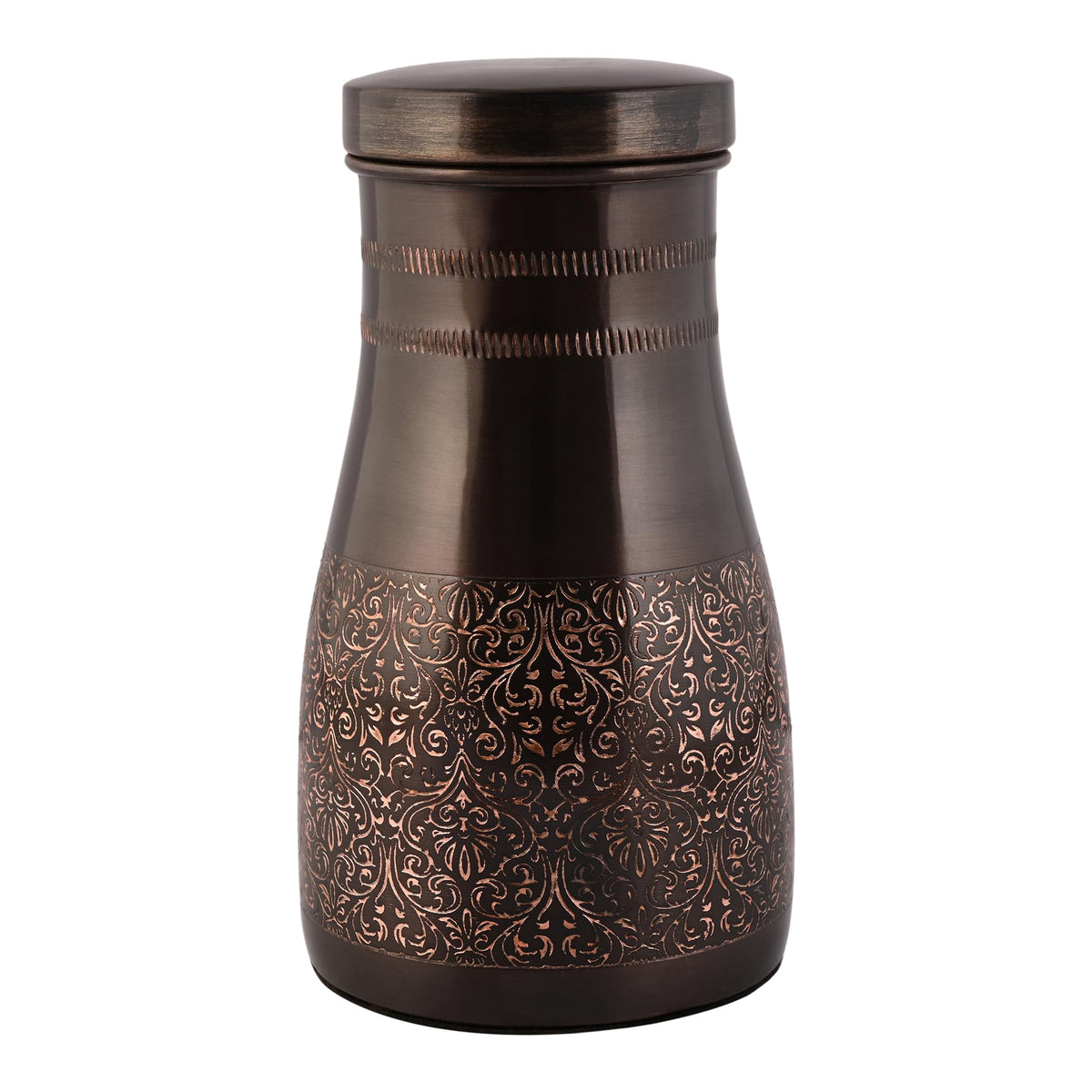 Tambra Copper Bedroom Jar with Inbuilt Glass | Rarity Carving Design | Handcrafted, Leakproof, Jointless | Ayurvedic Benefits, Antioxidant Properties | 1200 ml (Pack of 1)