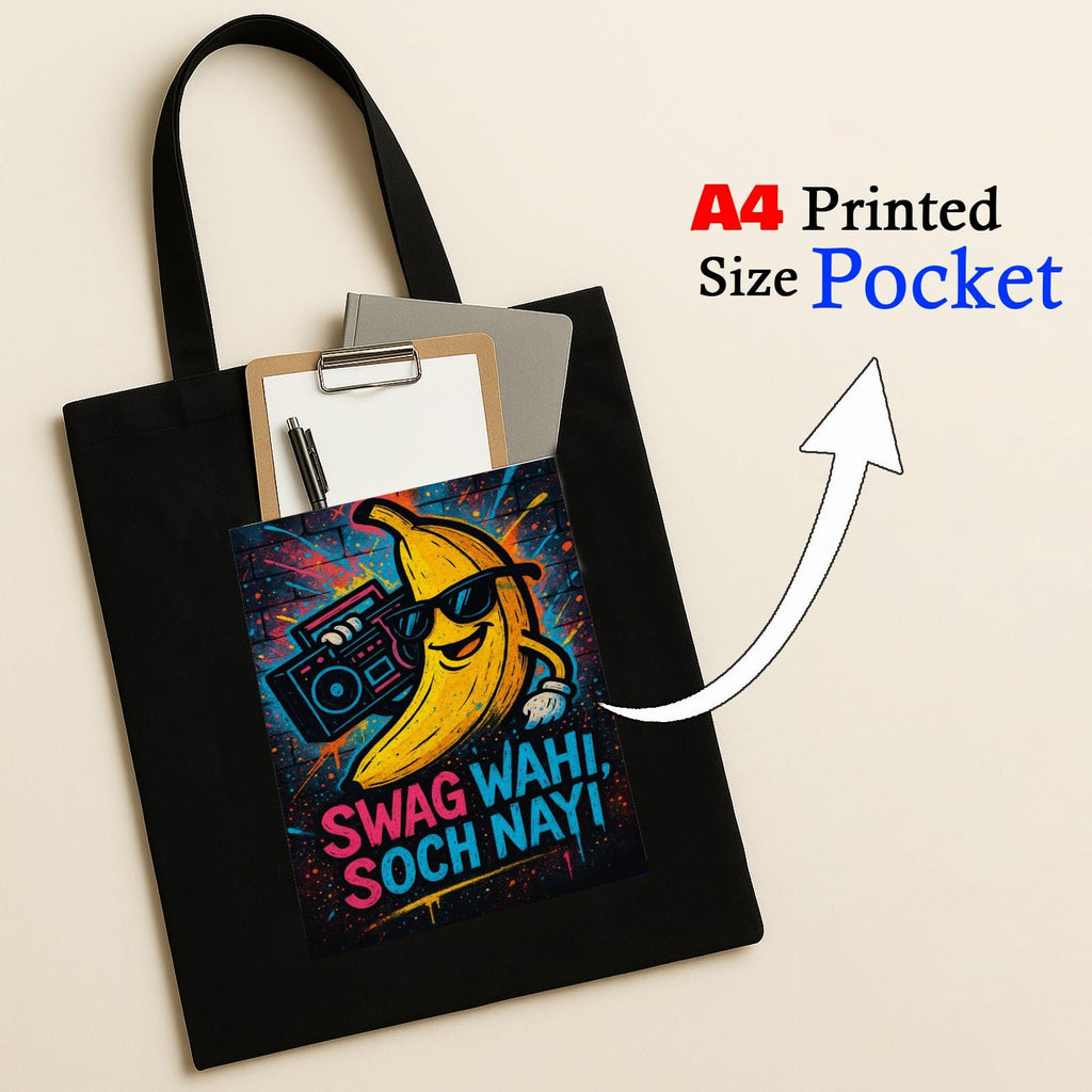 Kirmada Black Cotton Tote Bag | Swag Wahi Soch Nayi Design | Trendy Desi Humor Tote for College, Shopping & Daily Use | Zipper Closure | Reusable Eco Friendly Gift for Girls & Boys