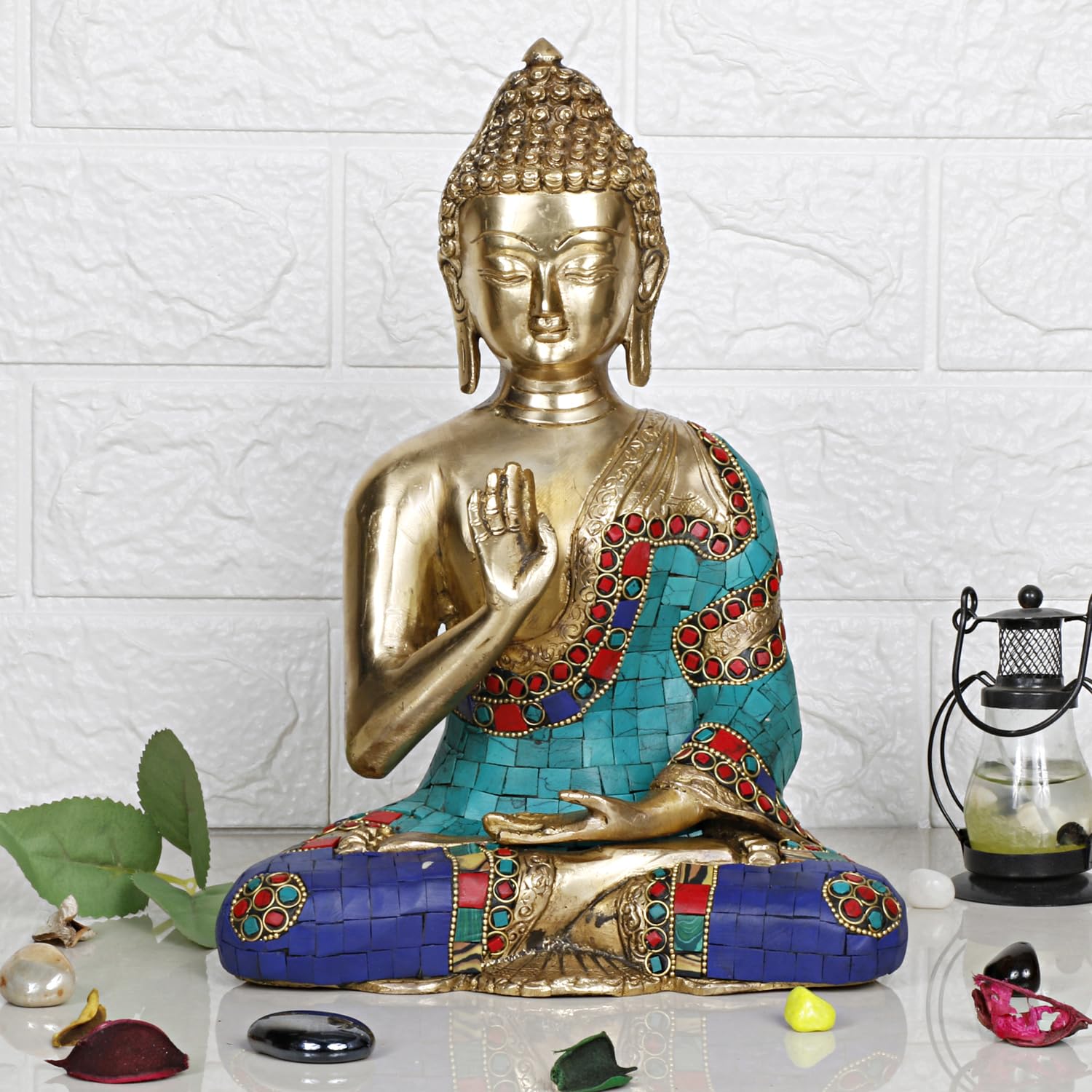 ARTVARKO Blessing Buddha Brass Idol with Inlay Statue Decorative Buddhism Buddha Showpiece Figurine Home Décor Diwali Gifts 10.5 Inch.