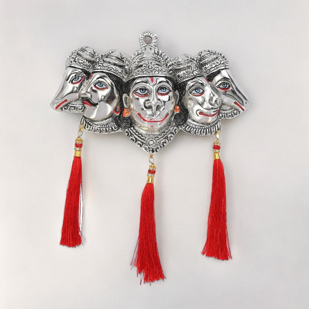 KridayKraft Metal Panchmukhi Hanuman Ji Murti for Door Entrance Statue Wall Hanging Showpiece with Silk Latakan in Gold Finish (Silver)